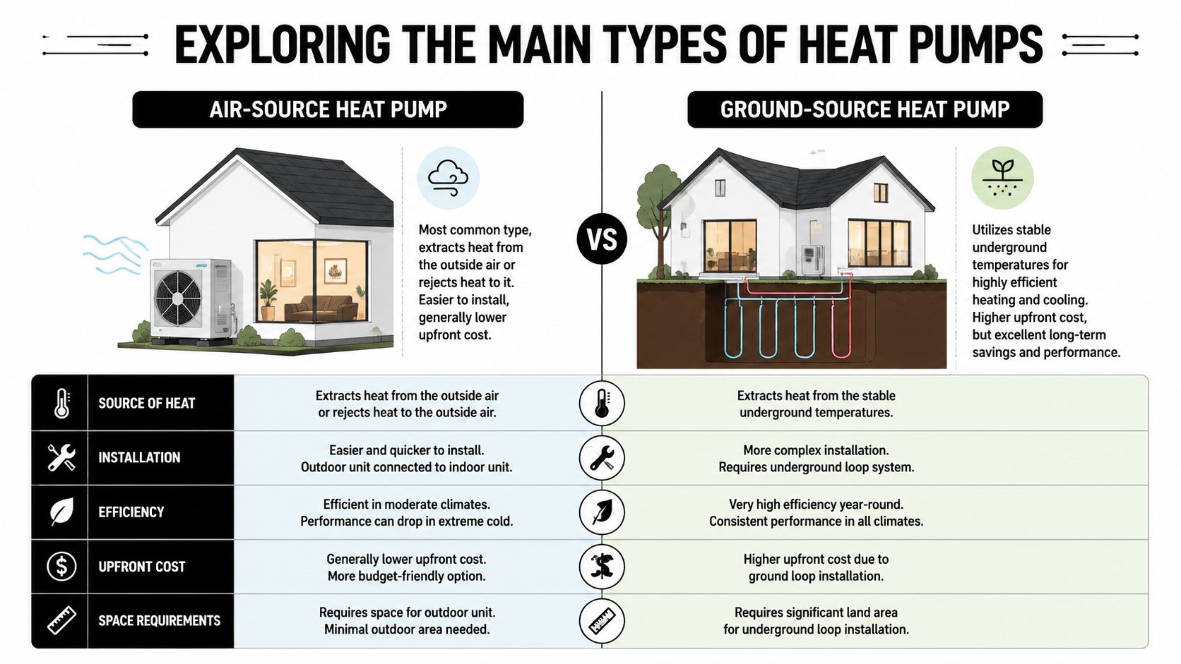 A comparison infographic between air-source and ground-source heat pumps outlining installation, efficiency, cost, and space requirements.