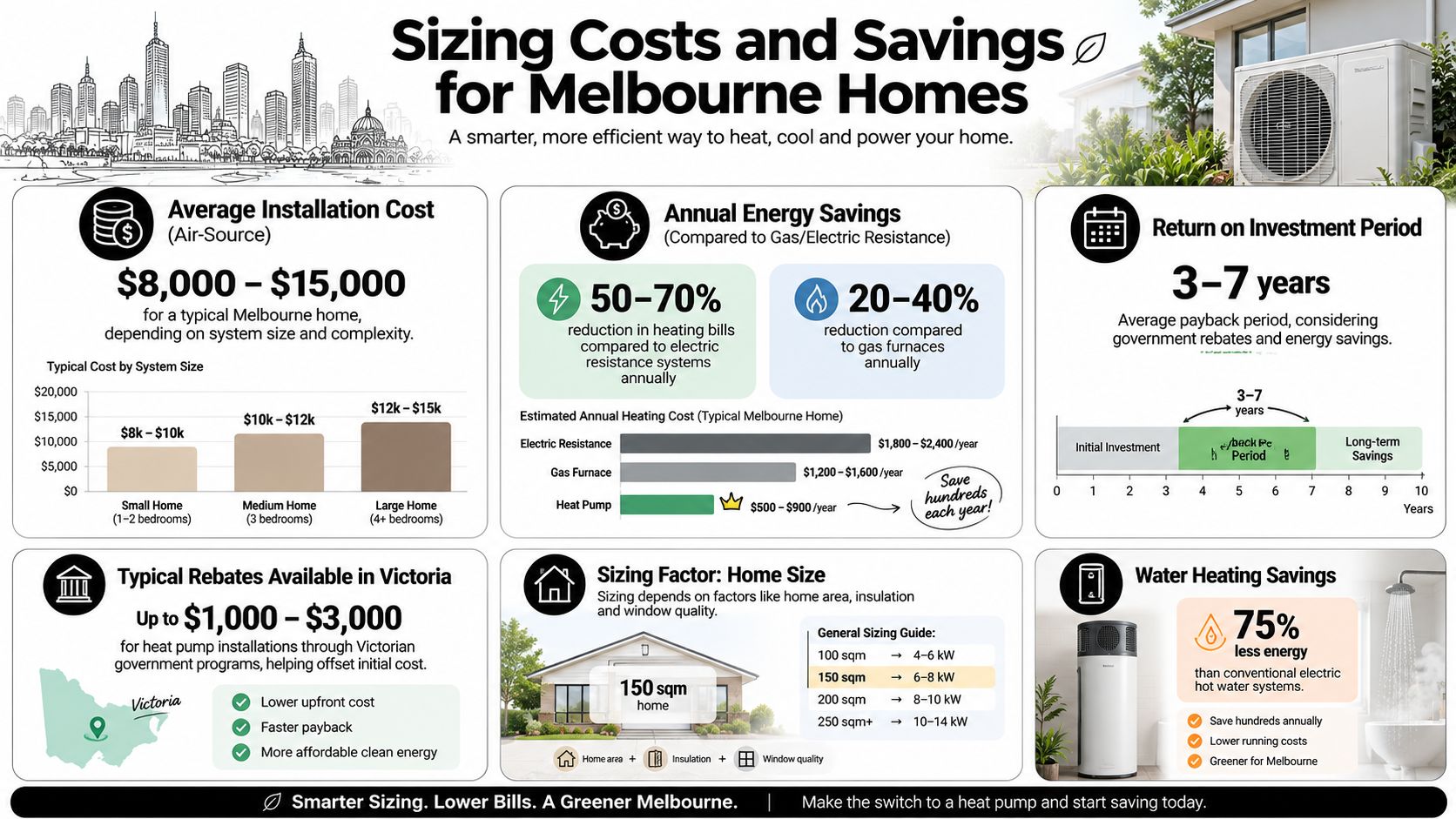 An infographic detailing the costs, energy savings, and rebates associated with installing heat pump systems in Melbourne.