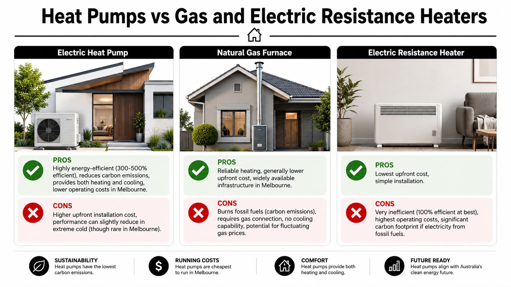 A comparison infographic showing the pros and cons of electric heat pumps, natural gas furnaces, and electric heaters.