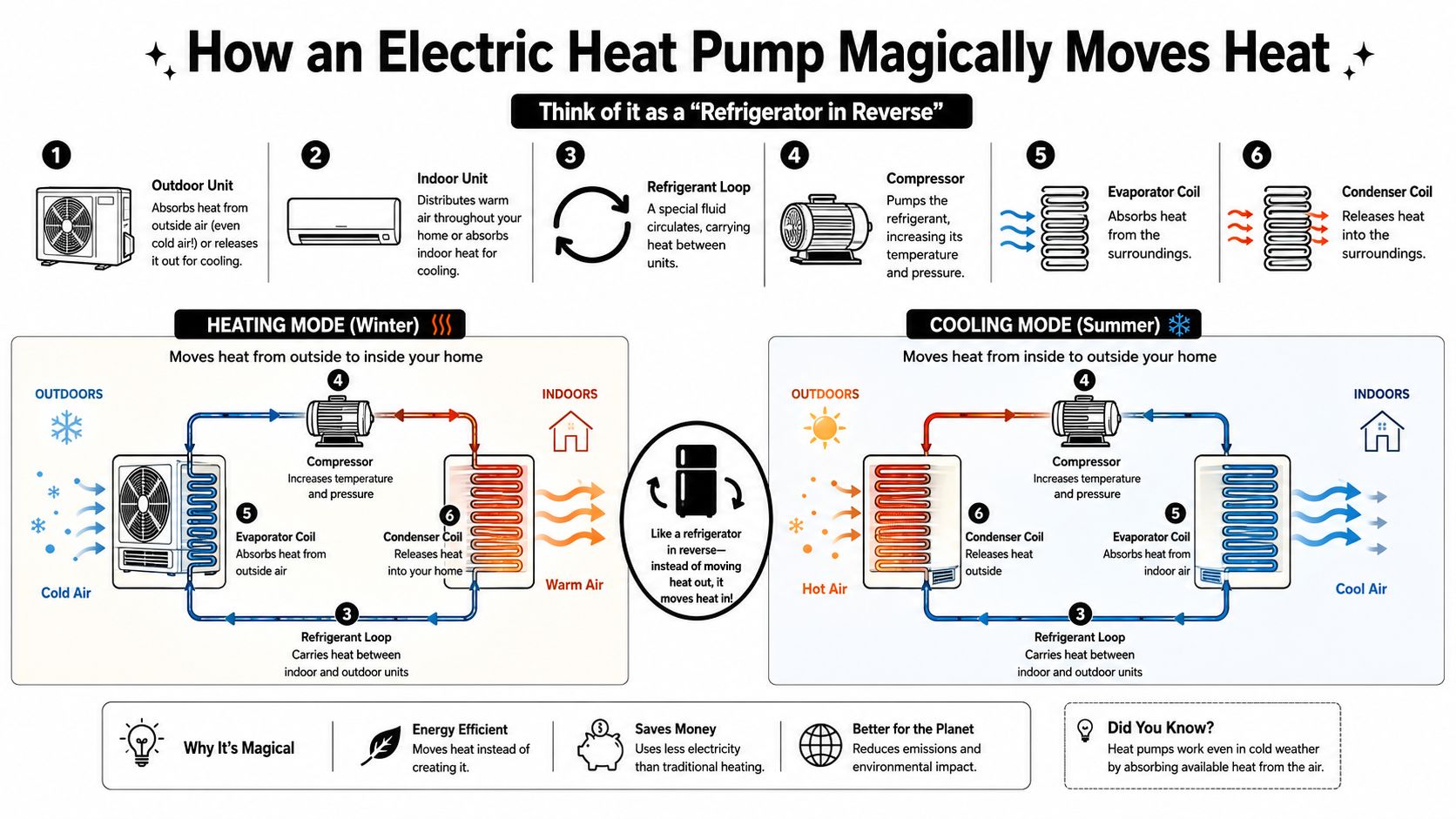 A diagram explaining how electric heat pumps move heat for both heating and cooling home environments efficiently.