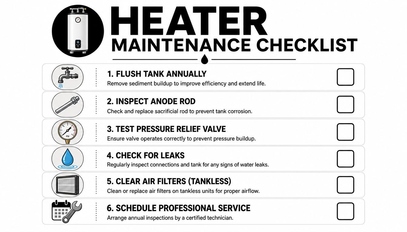 A checklist illustrating six essential maintenance tasks for residential water heaters to ensure safety and efficiency.