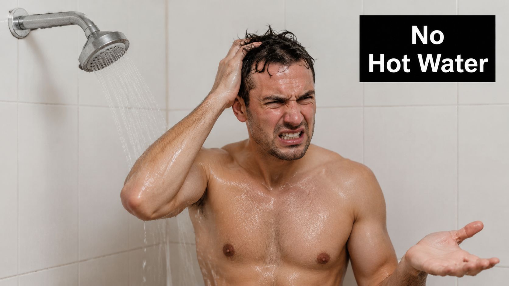 A shirtless, frustrated man in a shower reacting to a lack of hot water.