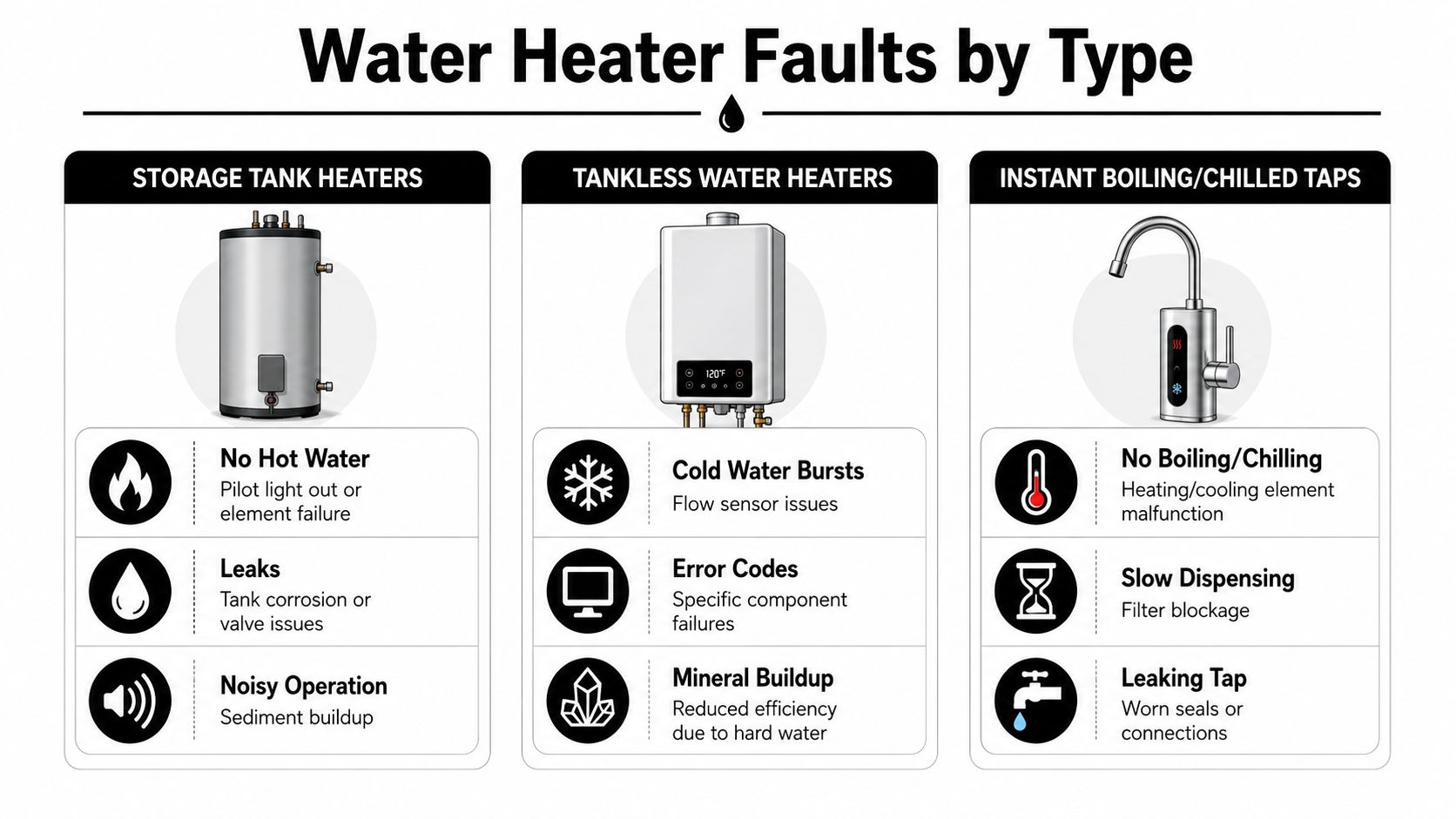 A chart detailing common water heater faults categorized by storage tank, tankless, and boiling water tap systems.