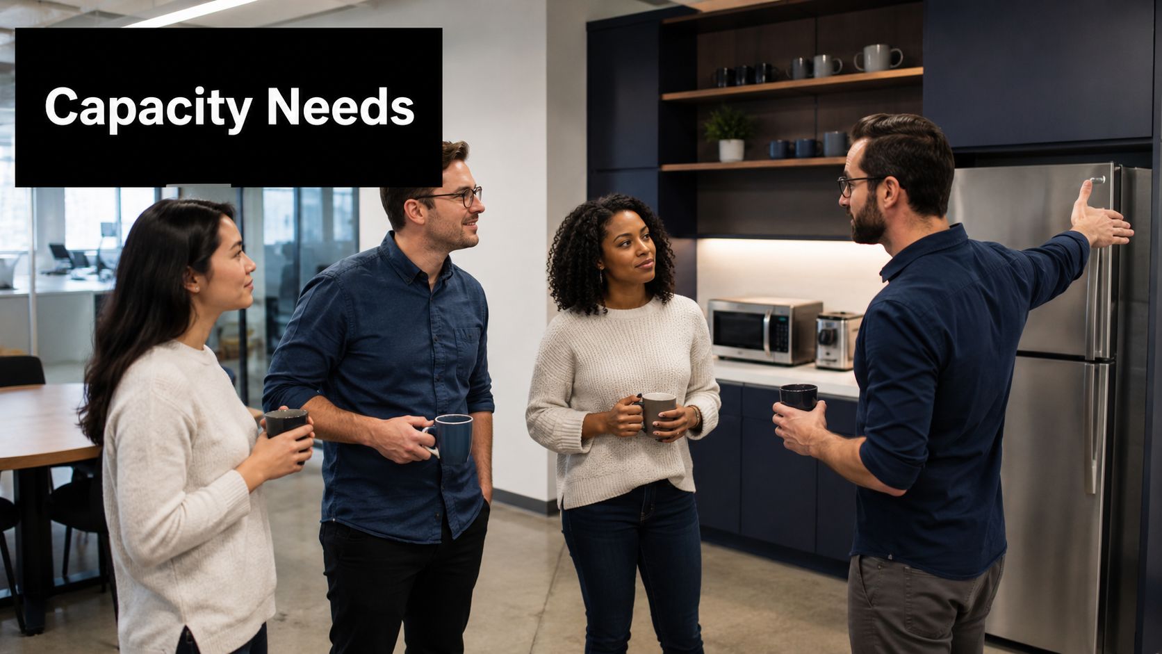 A diverse group of four office colleagues having a conversation in the workplace breakroom kitchen area.