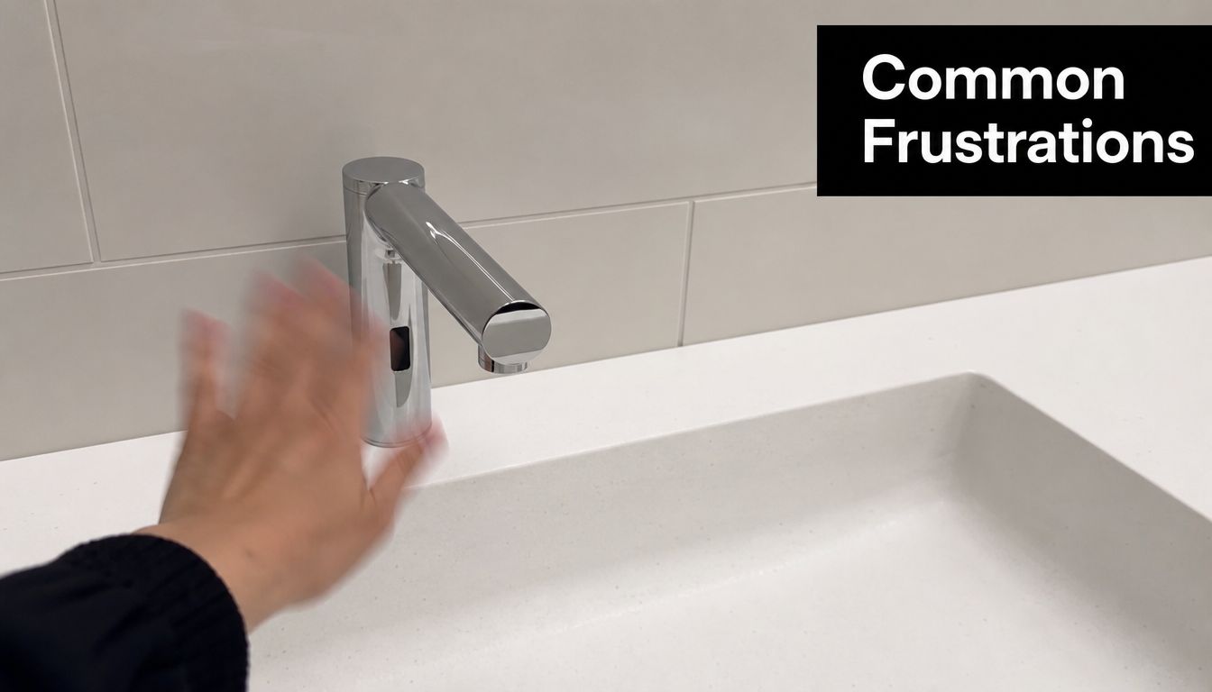 A hand waving in front of a motion sensor faucet to demonstrate its automatic activation mechanism.