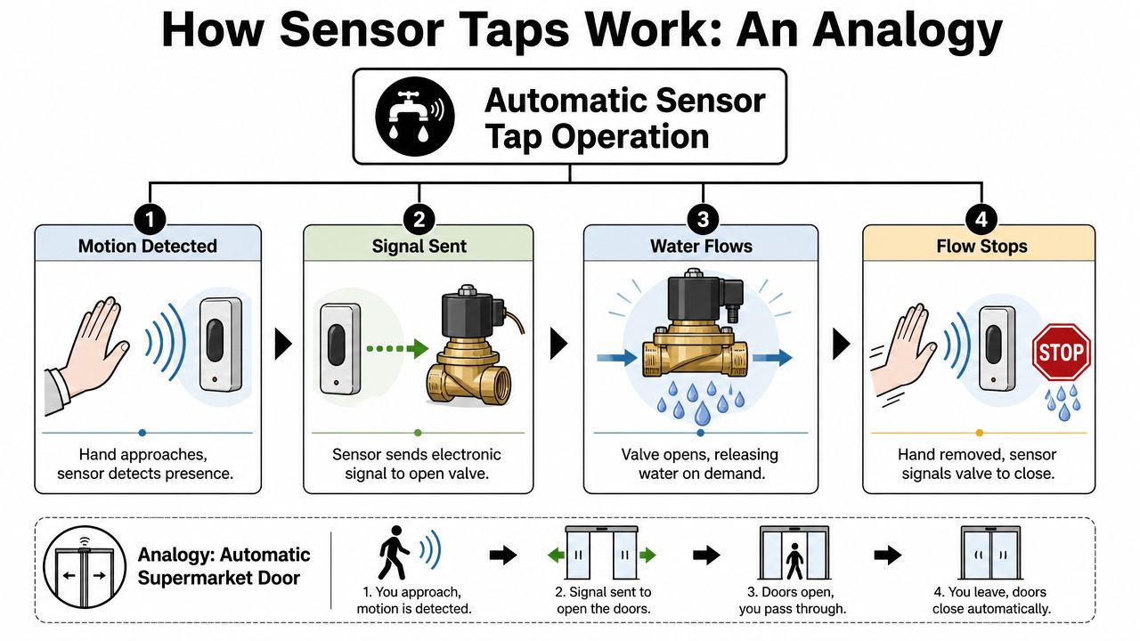 An infographic diagram explaining the operating principle of an automatic sensor tap compared to an automatic door.