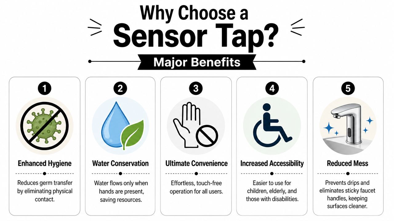 An infographic detailing five key benefits of installing an automatic sensor tap for improved hygiene and efficiency.