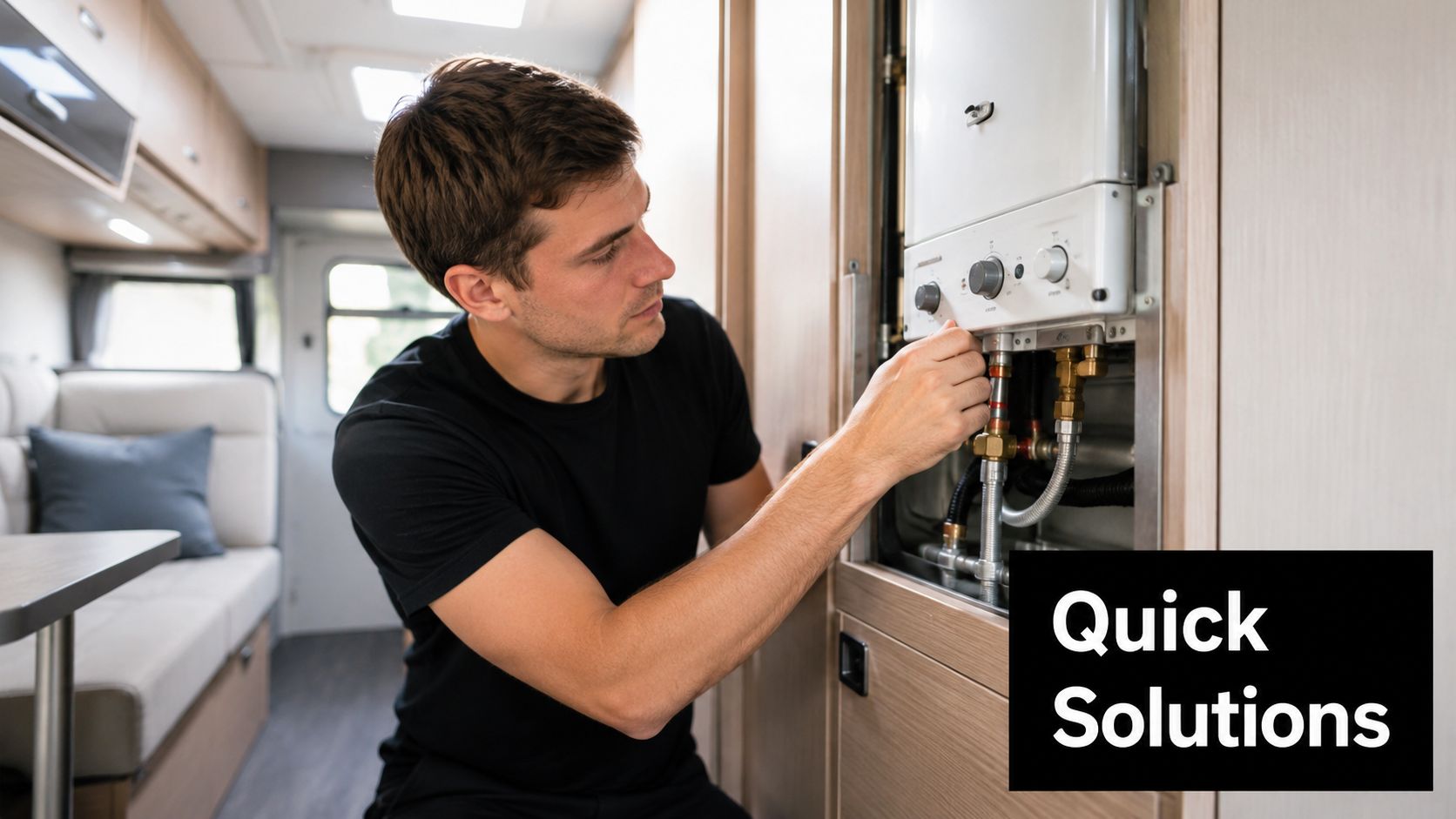 A professional technician carefully adjusting the control dial on a caravan water heater unit.