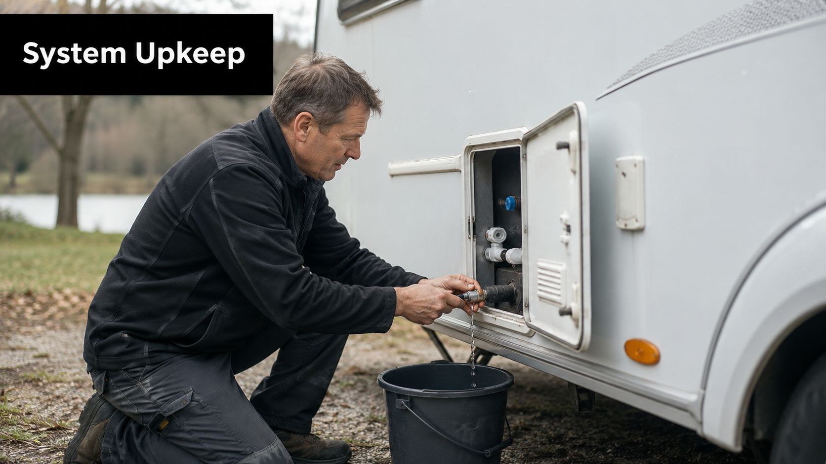 A middle-aged man kneeling beside a caravan while draining water from the hot water system into a bucket.