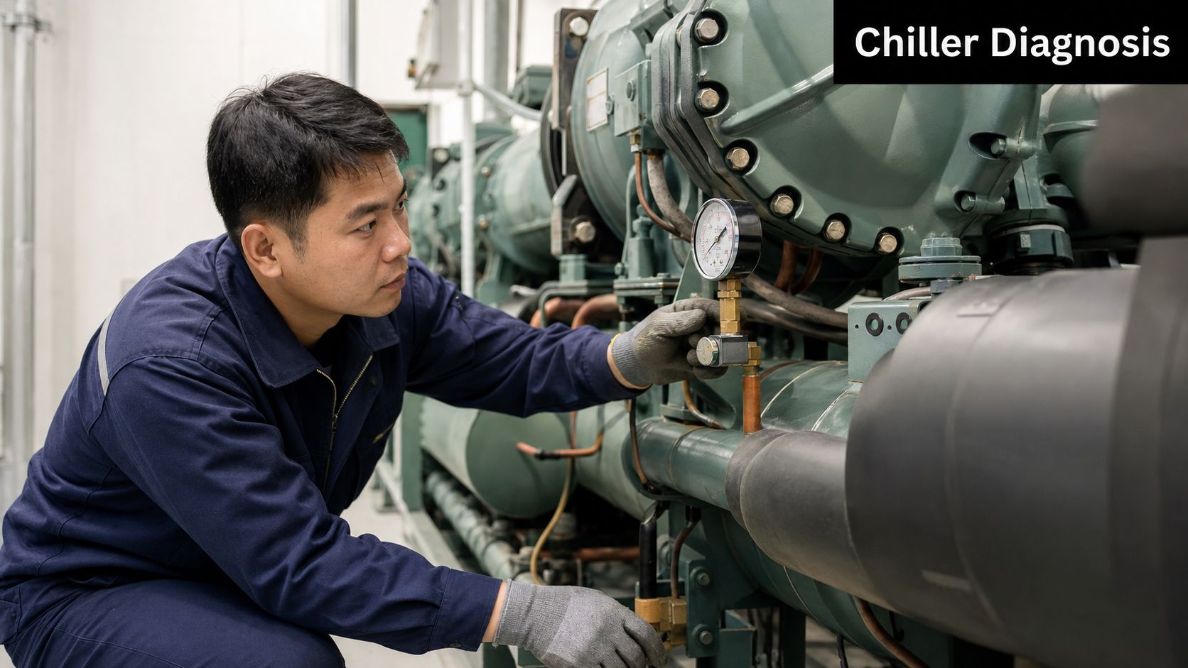 A technician wearing a uniform and gloves inspects the pressure gauge on an industrial water chiller system.
