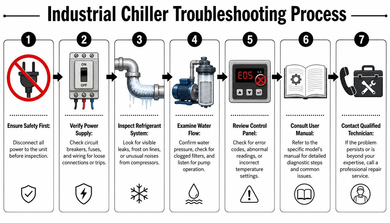 A seven-step industrial chiller troubleshooting process infographic showing safety, power checks, maintenance, and expert support steps.
