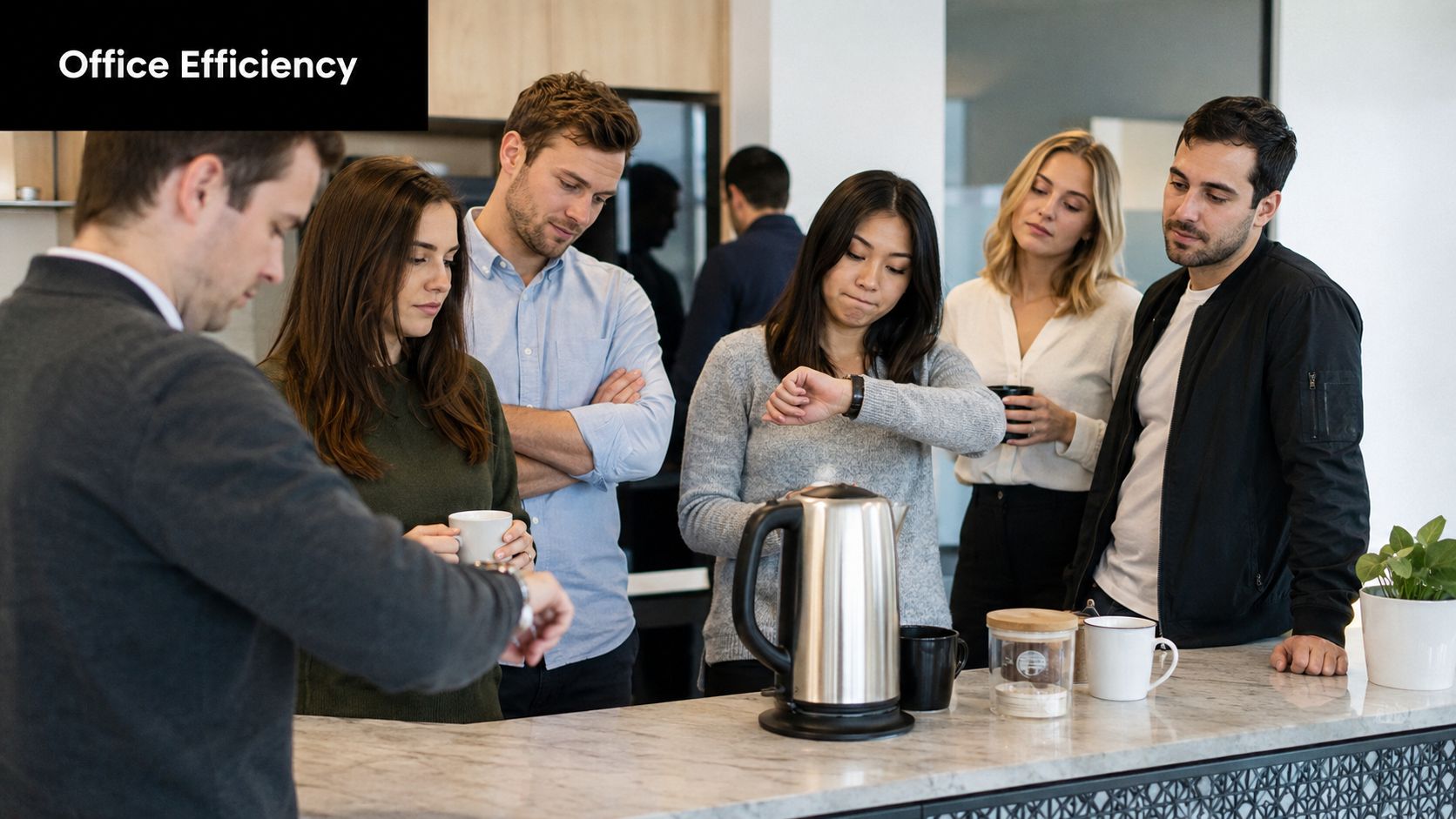 A group of office colleagues waiting impatiently for an electric kettle to boil water in a kitchen.
