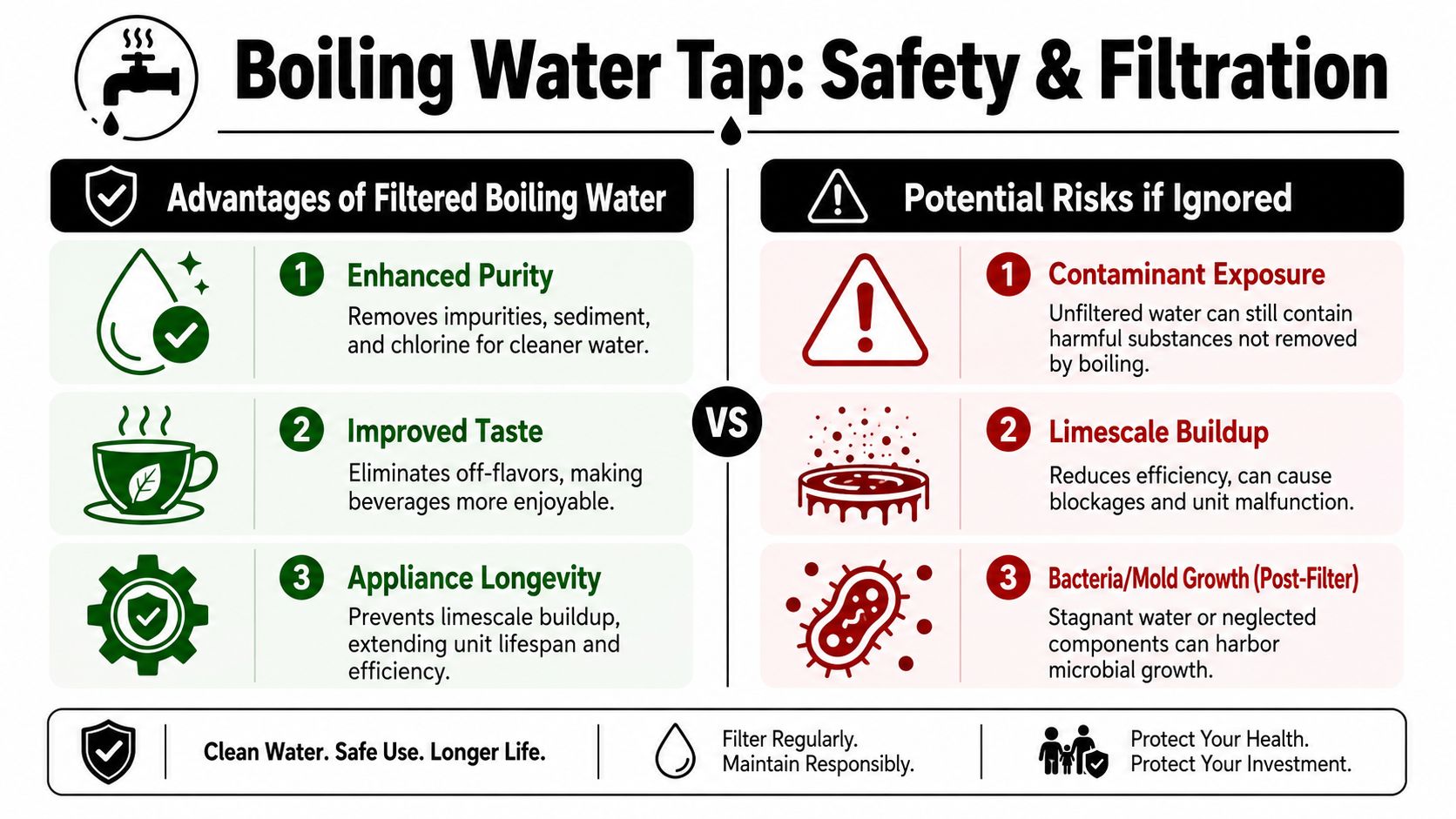 An infographic titled Boiling Water Tap: Safety & Filtration highlighting the benefits of filtration versus risks of neglect.