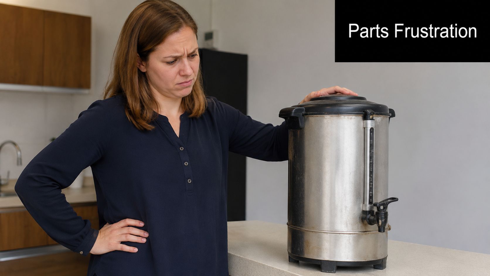 A woman looks frustrated while standing in a kitchen next to a large commercial coffee percolator.