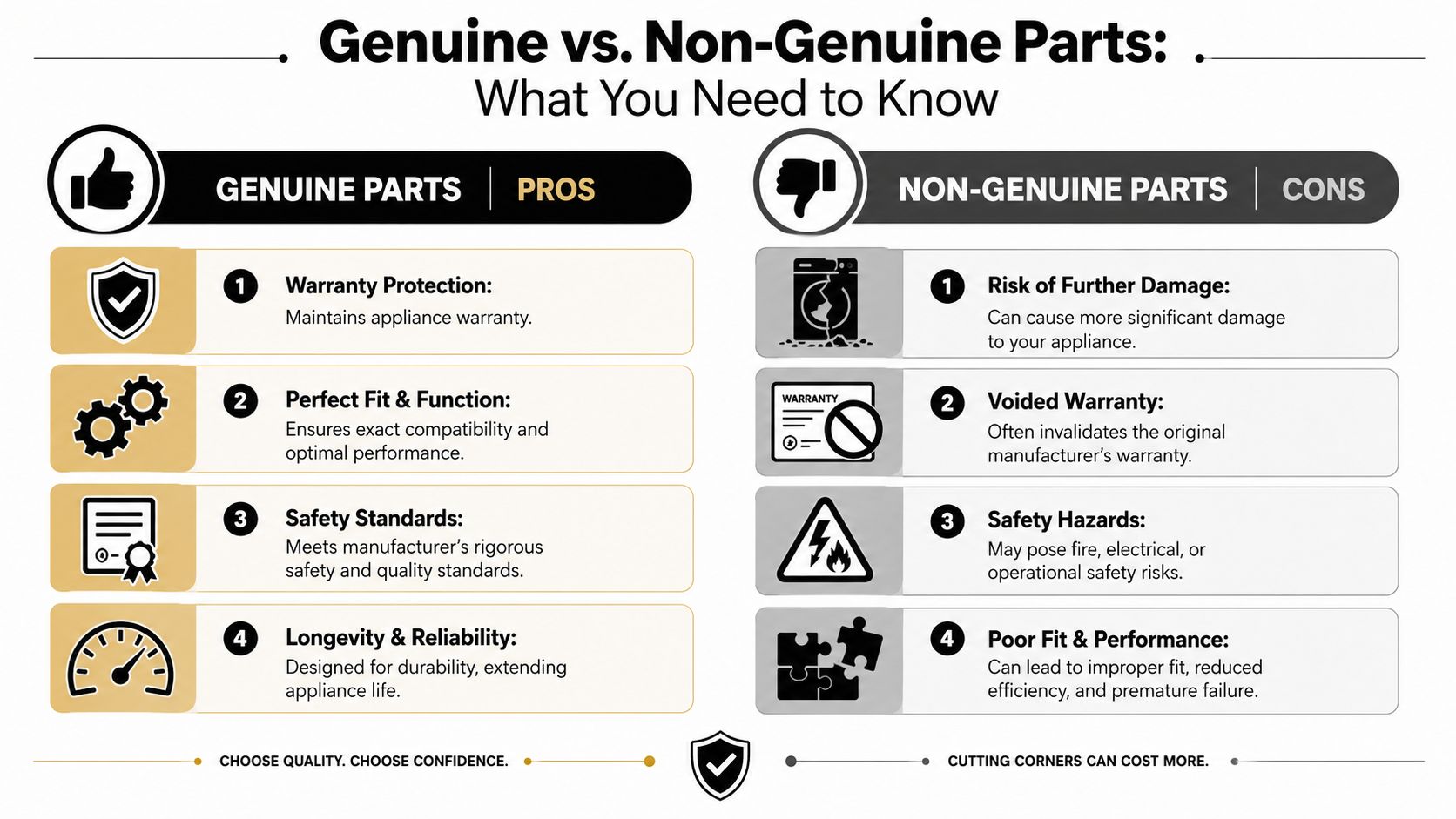 A comparison chart showing the benefits of using genuine appliance parts versus the risks of non-genuine parts.