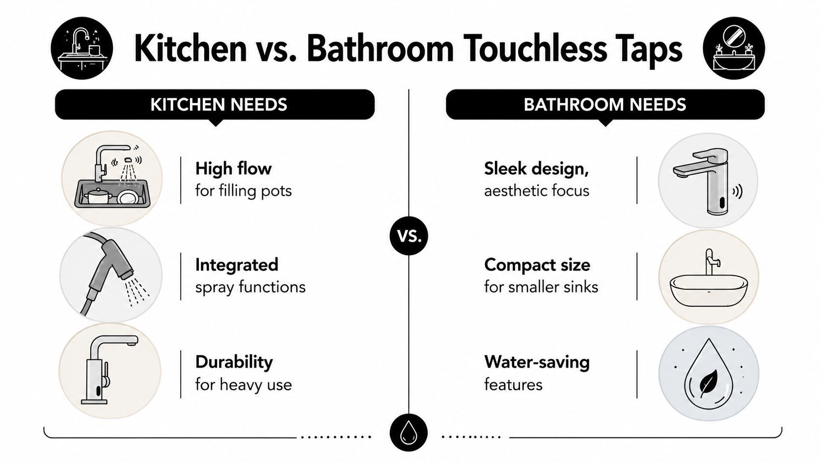 A comparative infographic highlighting the key feature differences between touchless taps for kitchen and bathroom installations.