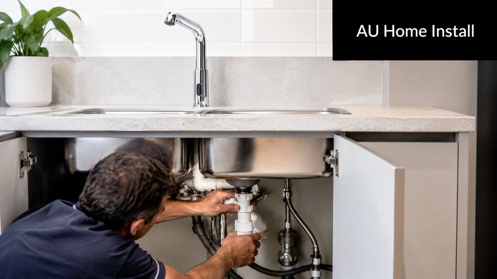 A professional plumber installing or repairing the pipes under a modern stainless steel kitchen sink.