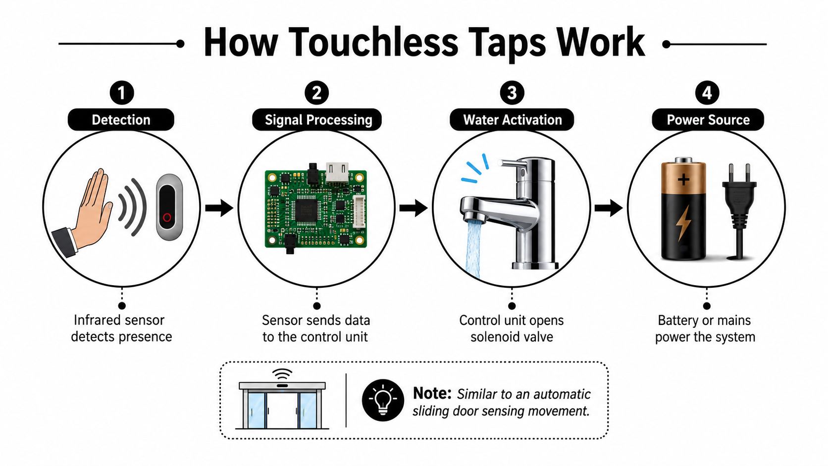 A diagram illustrating the four steps of how touchless taps work using sensors and a solenoid valve.