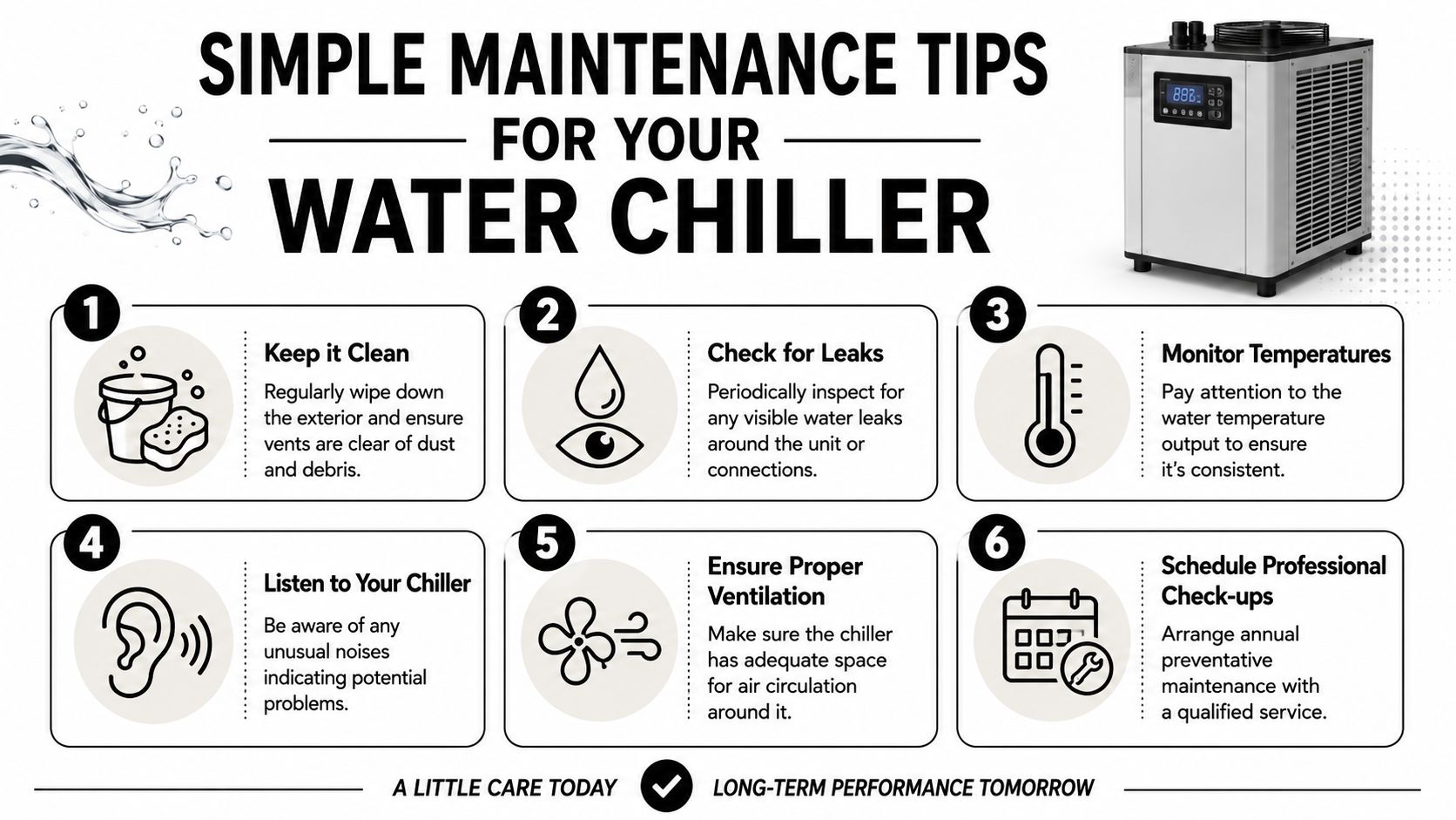 An infographic showing six simple maintenance tips for keeping a water chiller in good working condition.