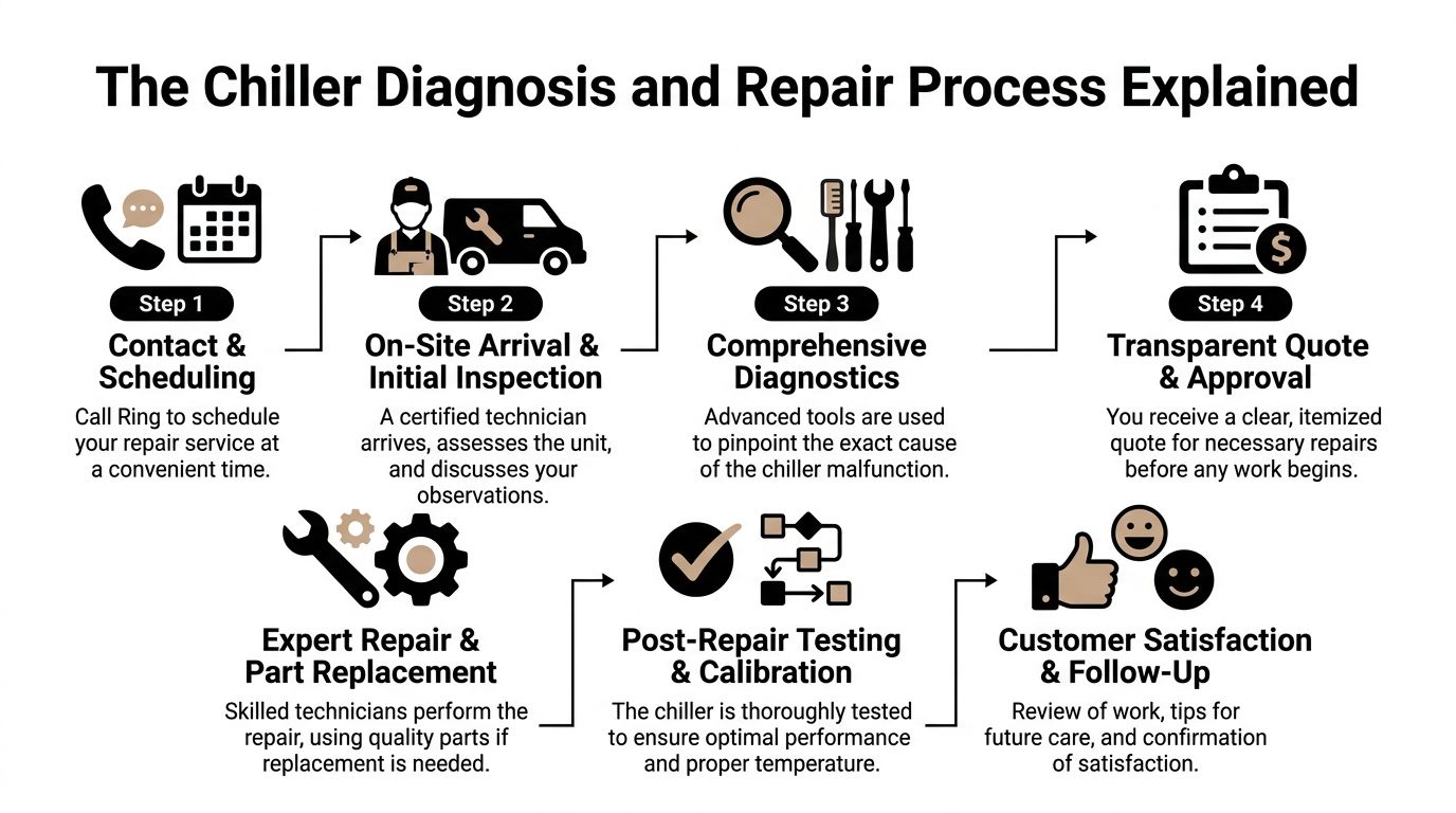 A flowchart infographic detailing the seven-step chiller diagnosis and repair service process from scheduling to follow-up.