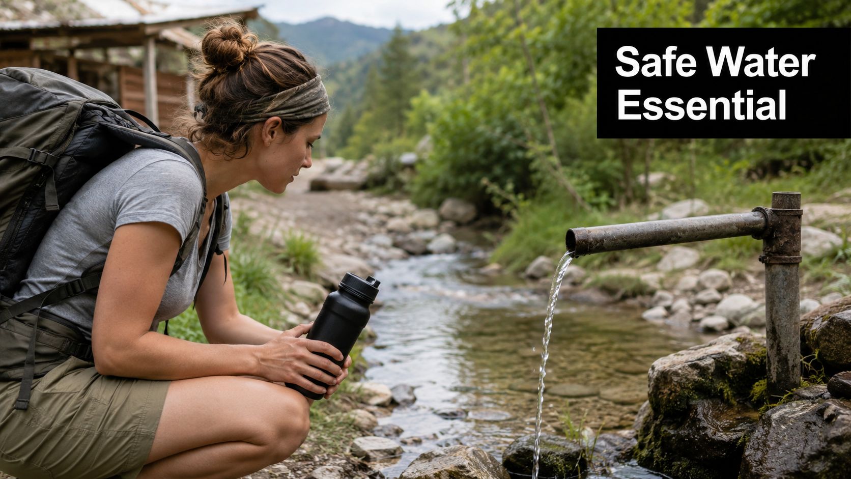 A woman hiker kneels by a natural stream filling her black water bottle with fresh spring water.