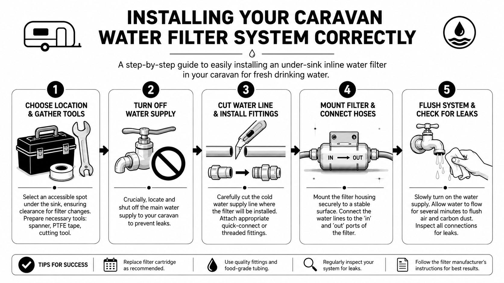 A five-step instructional infographic showing how to correctly install an under-sink water filter system in a caravan.