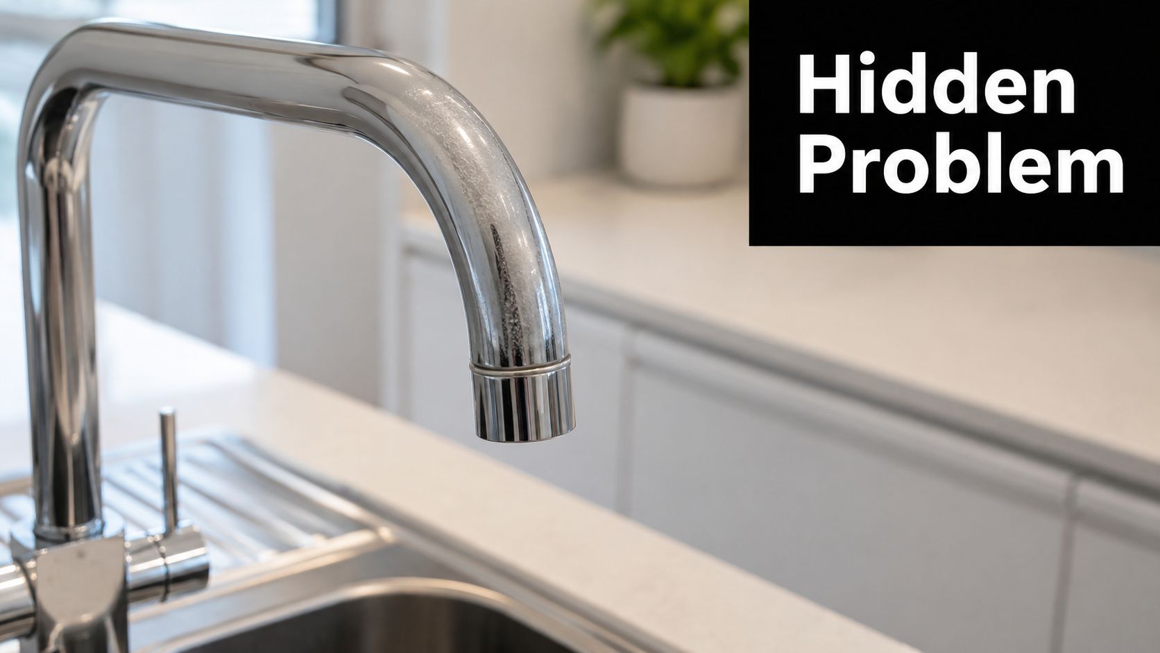 A chrome kitchen faucet covered in hard water mineral deposits and limescale buildup in a modern kitchen.