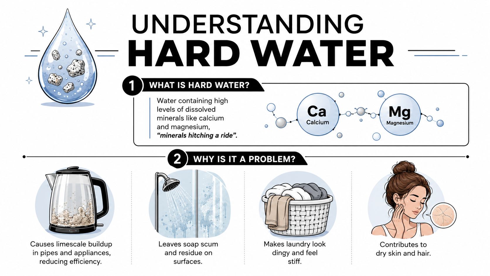 An infographic explaining hard water, identifying it as high mineral content and listing household problems it causes.