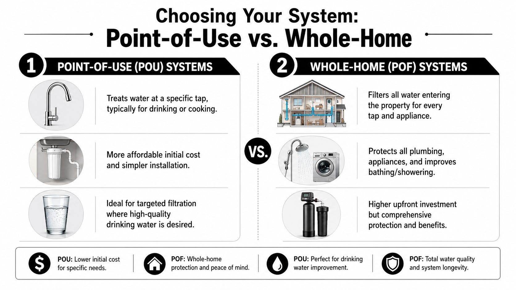 A comparison infographic between point-of-use and whole-home water filtration systems for residential water treatment needs.