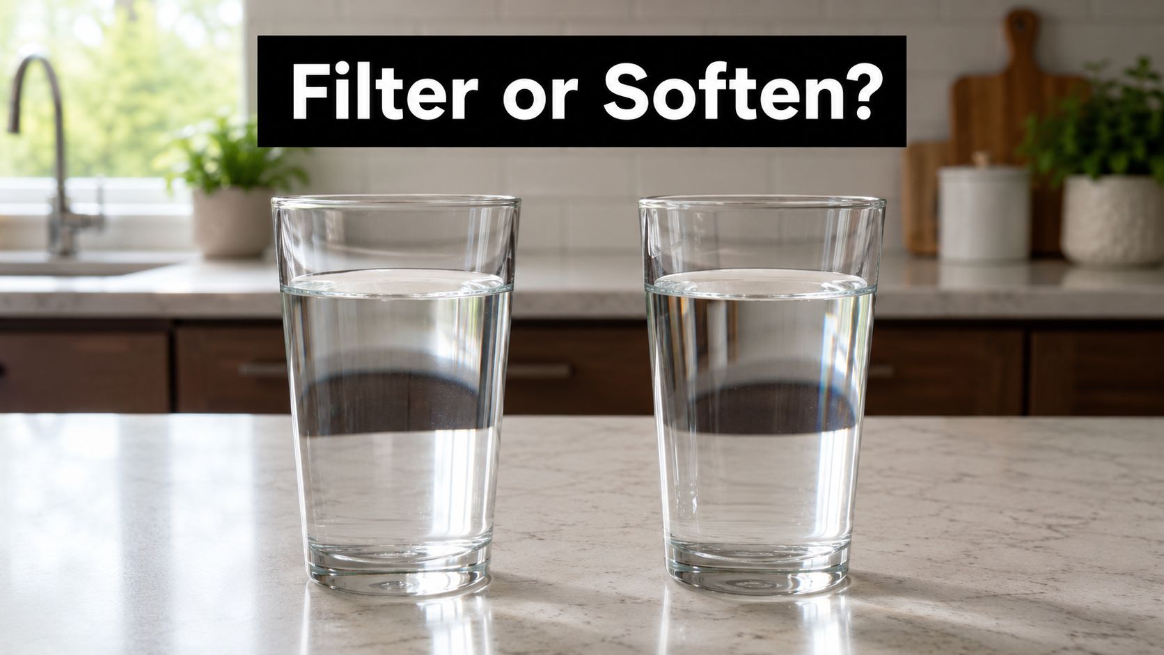 Two clear glasses of water sitting on a kitchen countertop with the text Filter or Soften.