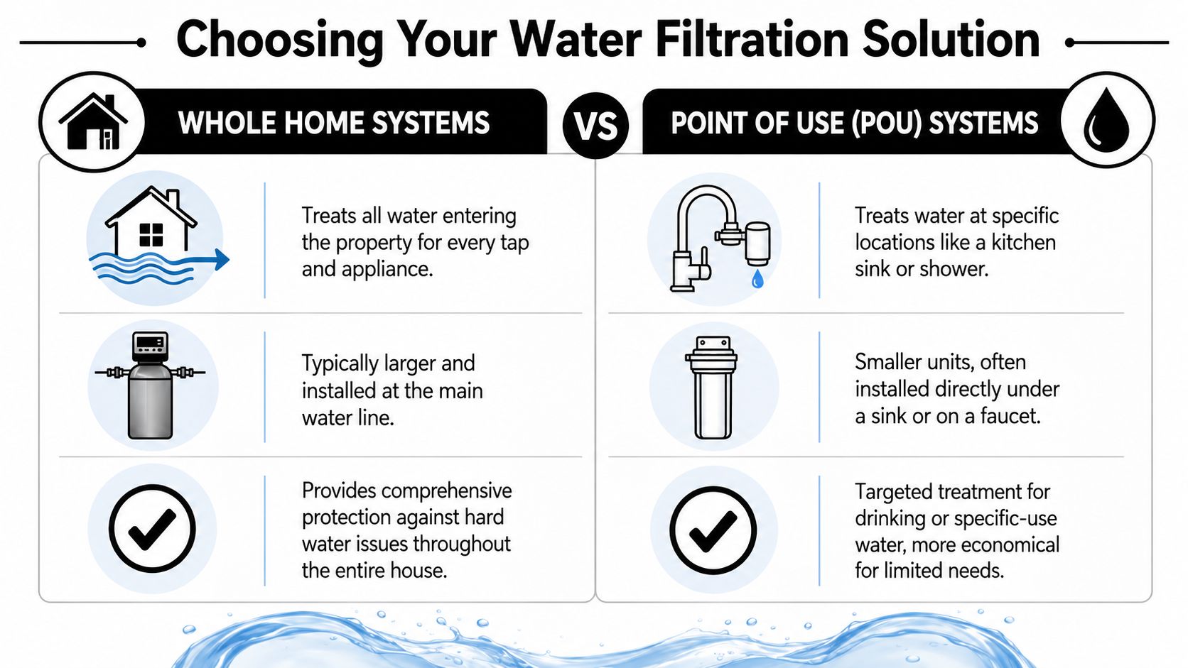 A comparison infographic between whole home water filtration systems and point of use filtration systems.
