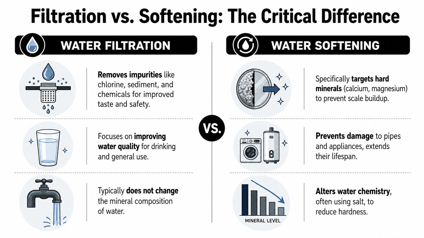 An infographic comparing the functions and benefits of water filtration versus water softening systems for residential use.