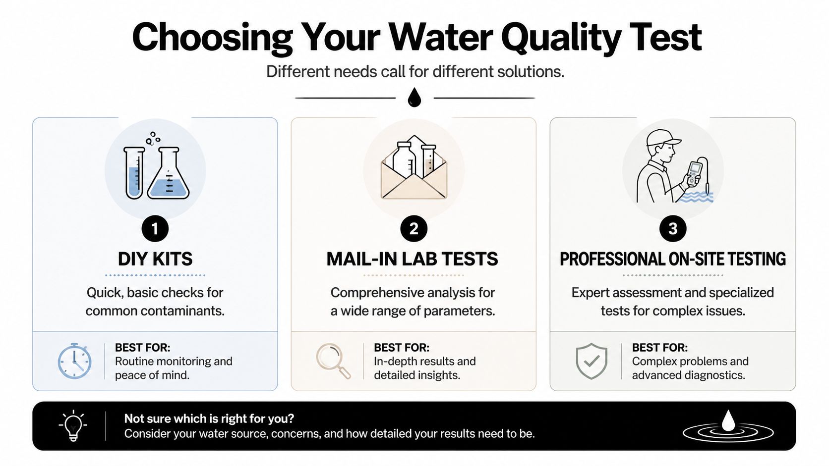 A visual guide comparing three water quality testing options: DIY kits, mail-in lab tests, and professional on-site testing.