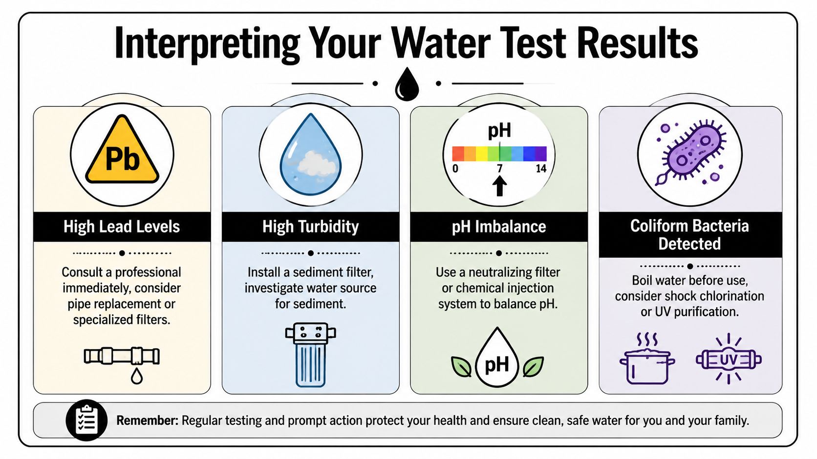 An infographic titled Interpreting Your Water Test Results showing common water issues and recommended solutions for homeowners.