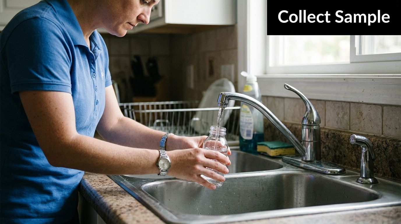 A woman filling a small plastic bottle with water from a kitchen sink faucet for testing.