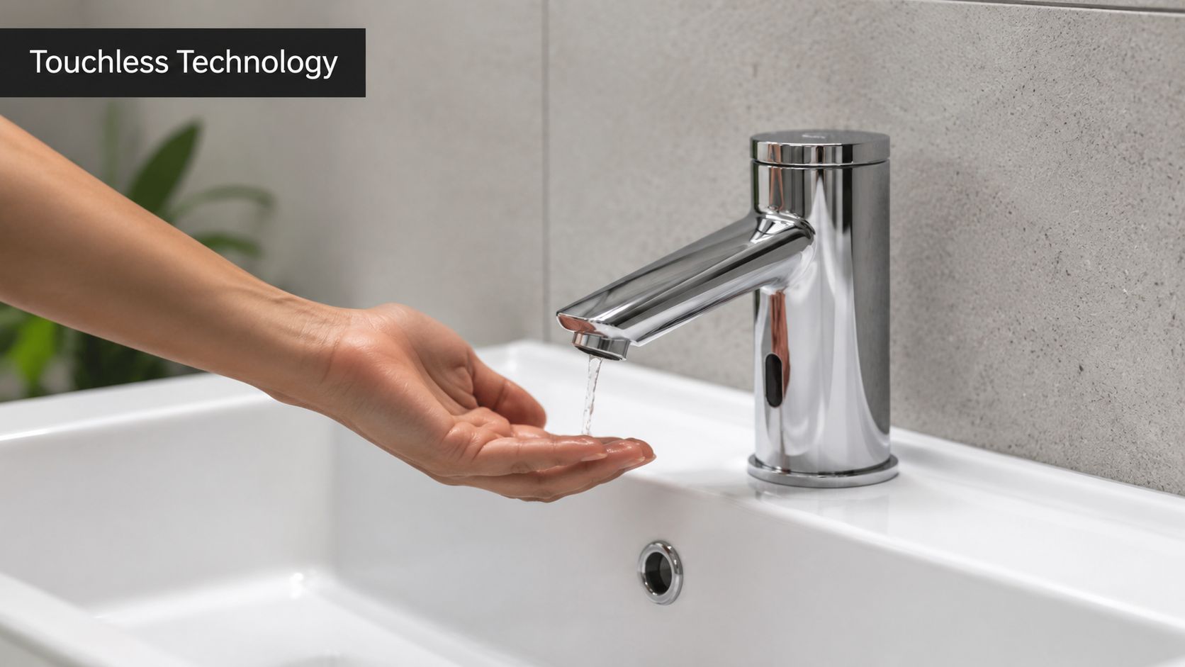 A hand positioned under a modern chrome touchless automatic sensor tap dispensing water in a bathroom sink.