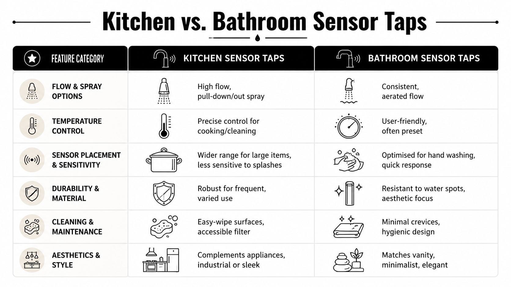 A comparison chart outlining key functional and design differences between kitchen and bathroom automatic sensor taps.