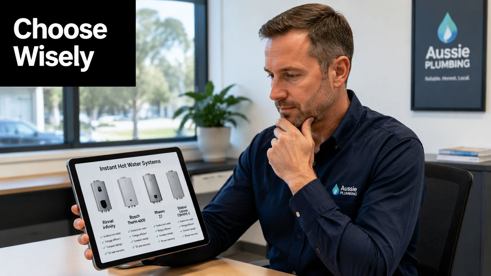 A professional plumber presenting a comparison chart of various instant hot water systems for Australian homes.