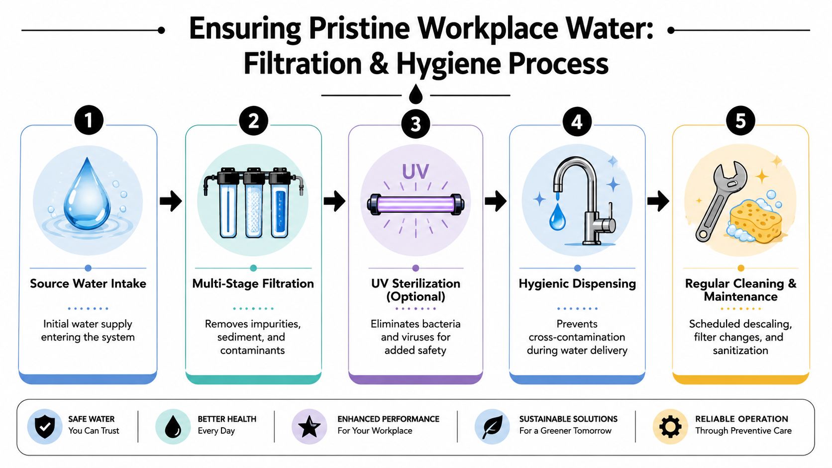 A diagram outlining a five-step process for ensuring pristine workplace water filtration and hygiene.